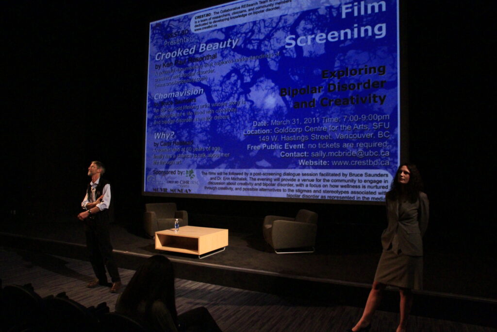 Mar 2011 Screening an early version of my film, “Chomavision”, about myself and a bipolar artist for CREST BD a Vancouver bipolar research group. Dr Erin Michelek leads CREST.
