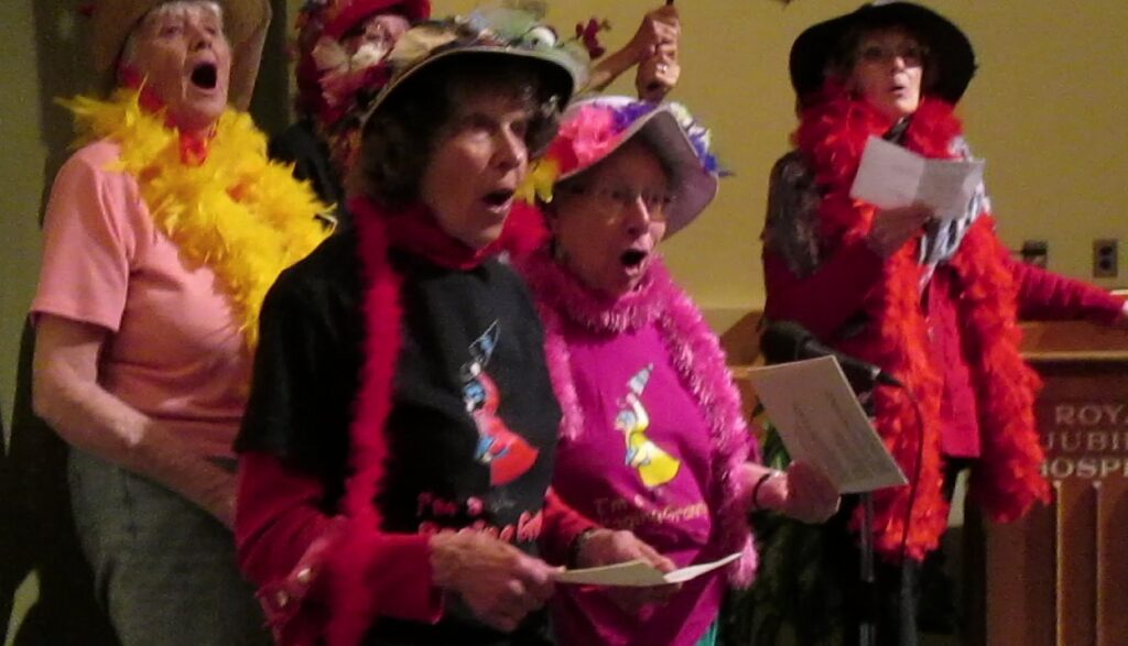 June 2015 Raging Grannies doing their stuff at a film about them, “Granny Power”