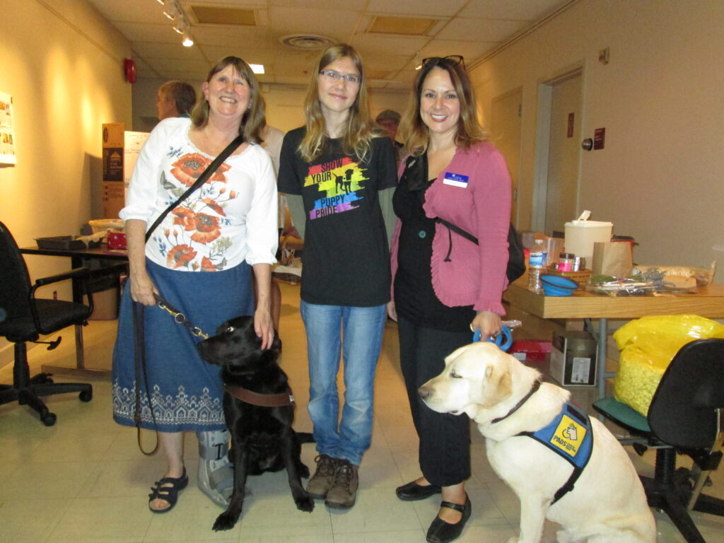 July 2015 Guests Linda Bartram Victoria Society for Blind Arts & Culture, Celeste Macevicius service dog user, trainer Lisa Markin, Pacific Assistance Dogs Society, with segment from video "Hold Me Steady"