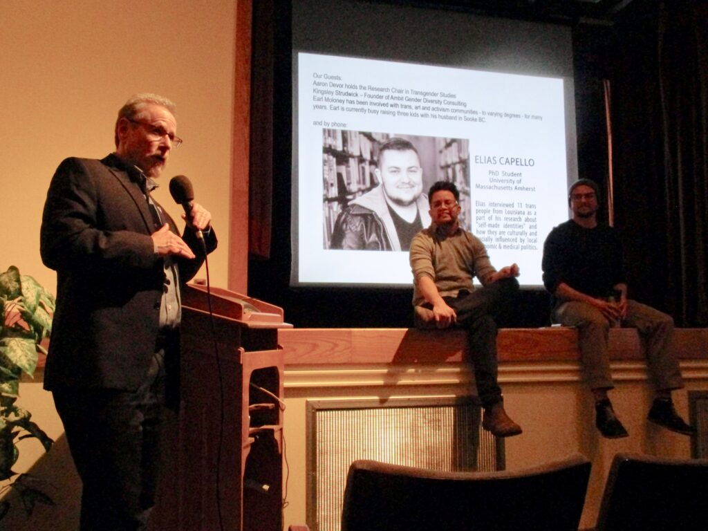 Jan 2017 Trans guests with the documentary “Southern Comfort”. Aaron Davor, Chair in Transgender Studies at the University of Victoria, at the mike.