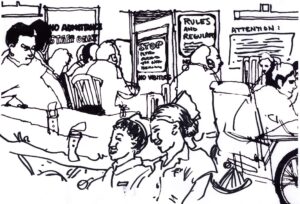 ink sketch of crowded hospital waiting room