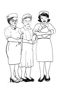 ink sketch of 3 professional women wearing nursing uniforms, 1950s style