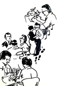 ink sketches of people doing activities: typing, dancing, making baskets