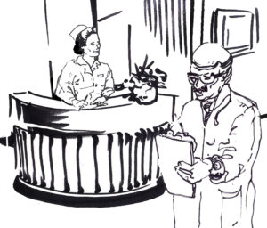 ink sketch of old-style nurse receptionist and doctor with chart