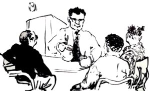 ink sketch of man behind counter and other people sitting at table