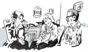 ink sketch of young woman speaking with elderly couple in home