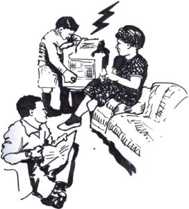 ink sketch of 1950s family with father and mother seated in living room and male child turning dial of radio