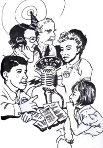 ink sketch of 1950s people of mixed aged speaking into radio microphone, scripts labelled "Junior Jury" on table