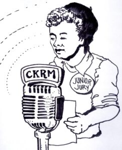 ink sketch of 1950s boy speaking into radio microphone, wearing "Junior Jury" pin on sweater