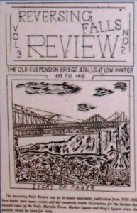 magazine cover with title "Reversing Falls Review" and sketch of bridge over river on cover