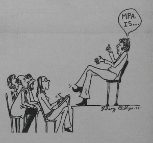 Cartoon of Man in chair addressing group of people