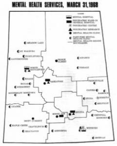 Carte en noir et blanc de la Saskatchewan vers 1968 représentant les divisions régionales des services de santé mentale et leurs établissements