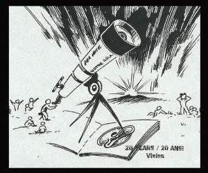 black and white graphic of telescope and the night sky above, "The publication with the vision"