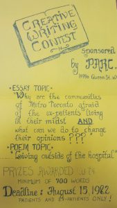 yellow poster for 1982 PARC creative writing contest asking contestants to write 700 word essays about why Torontonians are afraid of ex-patients and what members can do to change this, or a poem about community