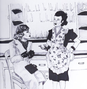 two old fashioned women talking in a kitchen, one wearing a hat and coat and the other an apron