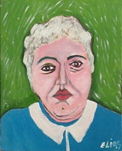 painting of white-haired woman against a green background