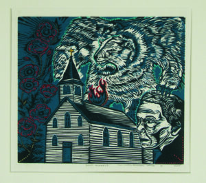 Print of a church in the centre with flames on the roof, flowers towering on the left side above the church and a serious figure on the right. A bear with its mouth open looms in the sky above everything.