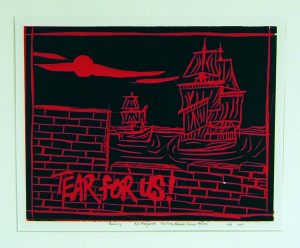 black and red print of brick wall and 2 old sailing ships, "Tear for us!" written out