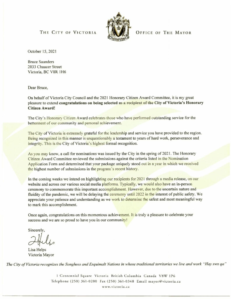 2021 Honorary Citizen Award Bruce Saunders