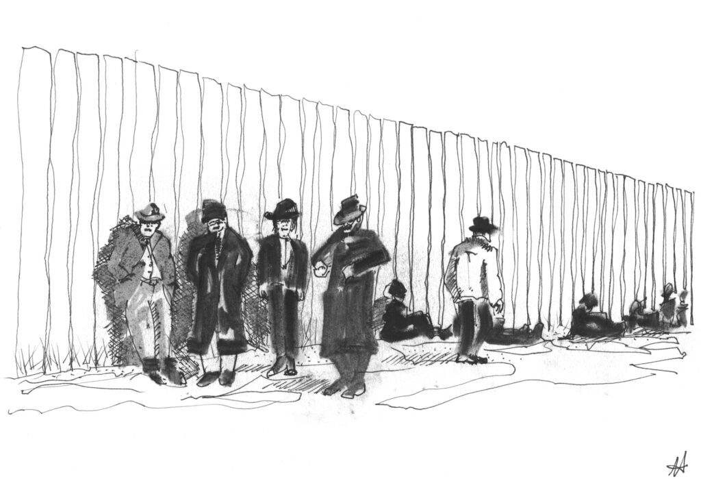 sketch of row of men standing in front of a tall fence