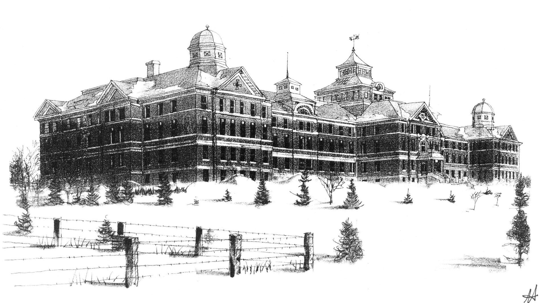 sketch of large grand asylum with field and fencing in front