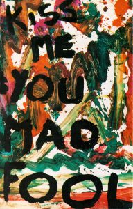 a book cover decorated with splashes of green, red, orange and yellow with the words "Kiss Me You Mad Fool" painted on top