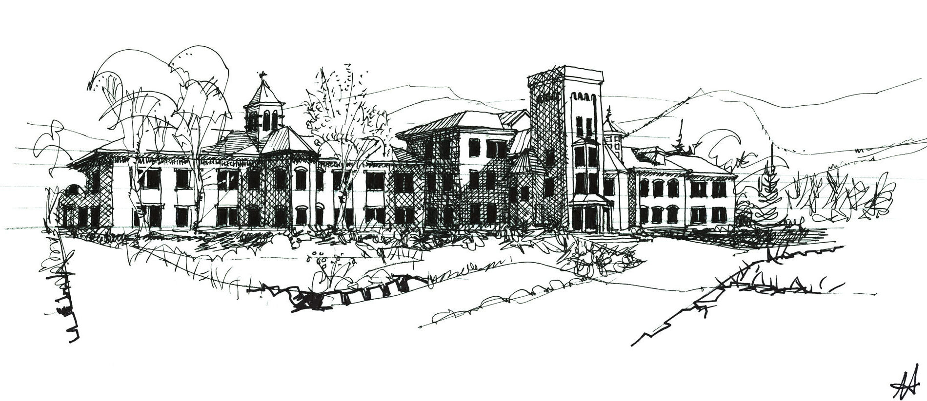 black and white sketch of old asylum with central tower