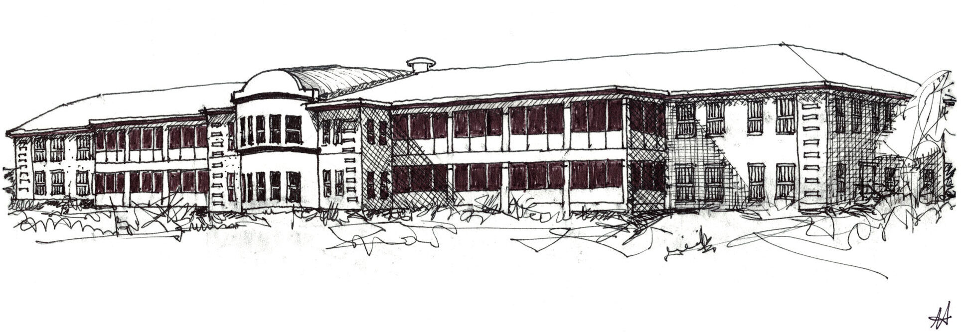 sketch of modern institutional building with verandas