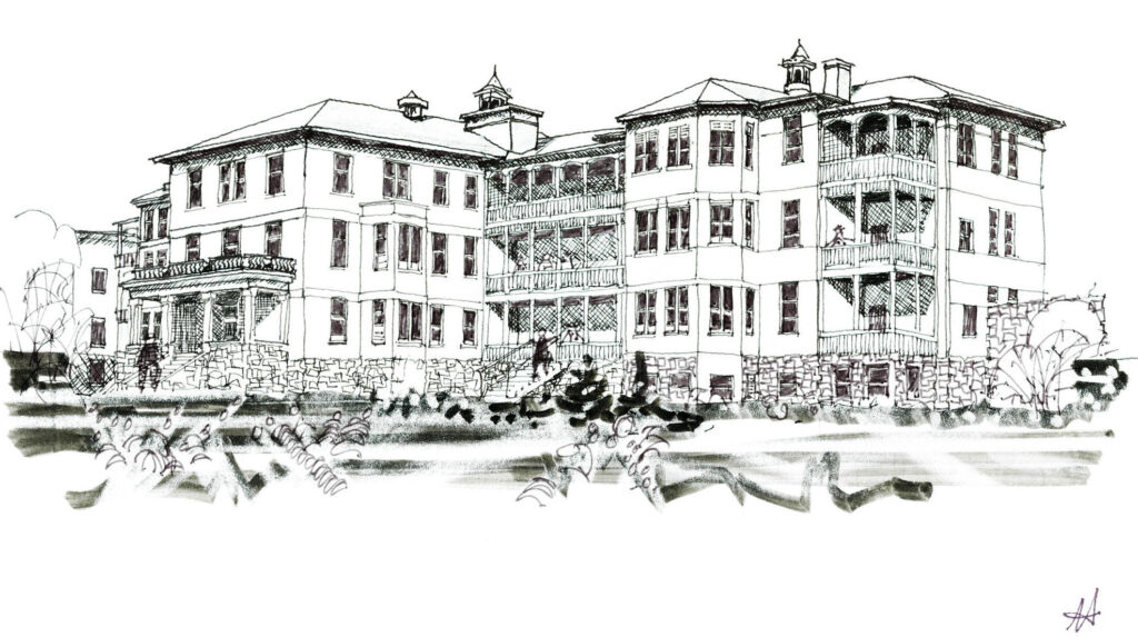 sketch of grand old institutional building with verandas