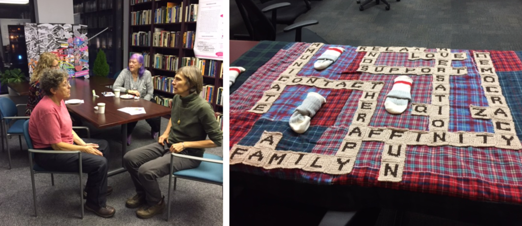 on left 2 people at a table talking: on right a scrabble quilt