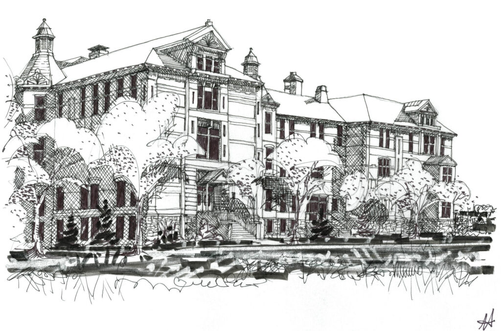 black and white sketch of old asylum building with trees in front