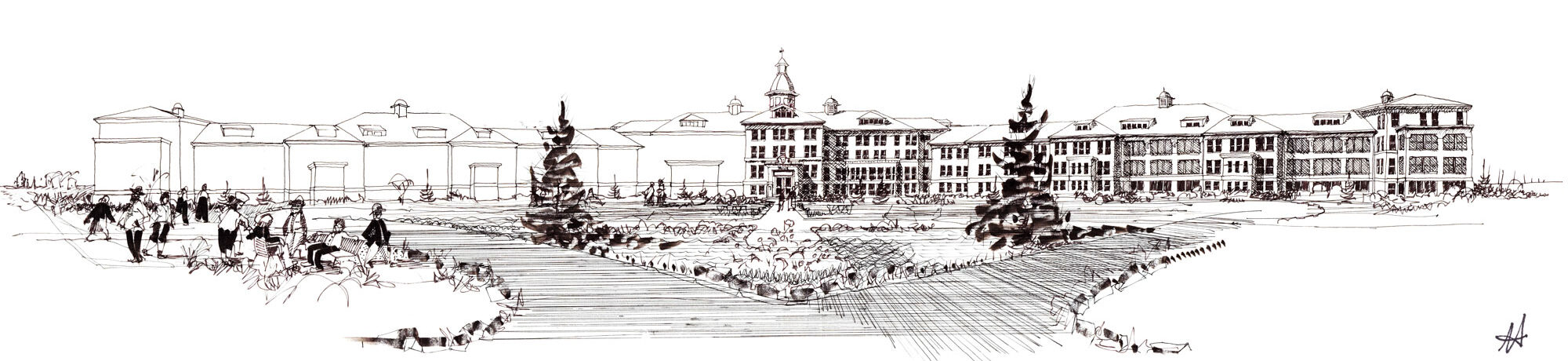 sketch of old asylum institution with grand driveway entrance