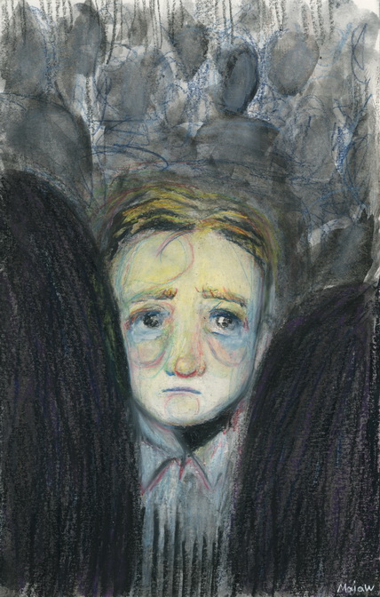 An illustration of a young, white boy behind blacked out shoulders. The background is filled with what appears to be dark outlines of people. The boy’s hair is blonde, and his eyes look to the right. His face is a mix of sadness, concern, and alertness.