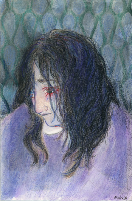 A portrait of a young, white girl with her gaze cast down. The background is a patterned blue and green. Her long curly black hair obscures her sad expression.